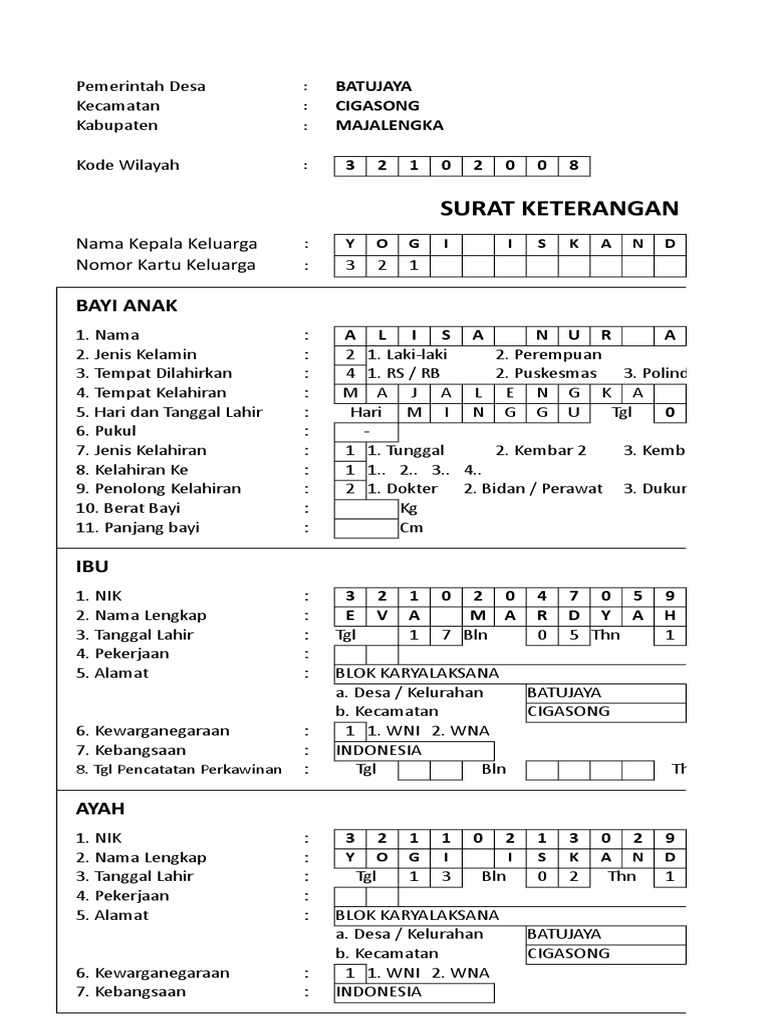 FORM KELAHIRAN Excel .xls