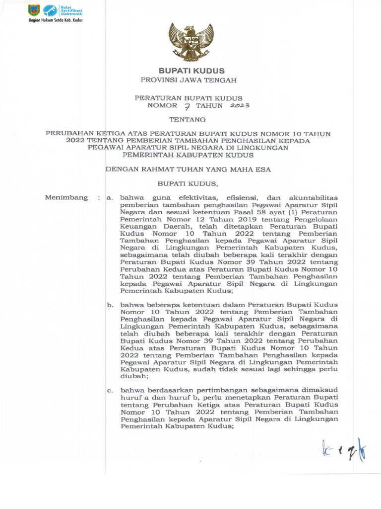 Perbup No 7 2023 ttg Perubahan atas perbup no 24 thn 2020 ttg Lembaga kemasyarakatan desa kelurahan dan lembaga adat desa kelurahan 1 .pdf